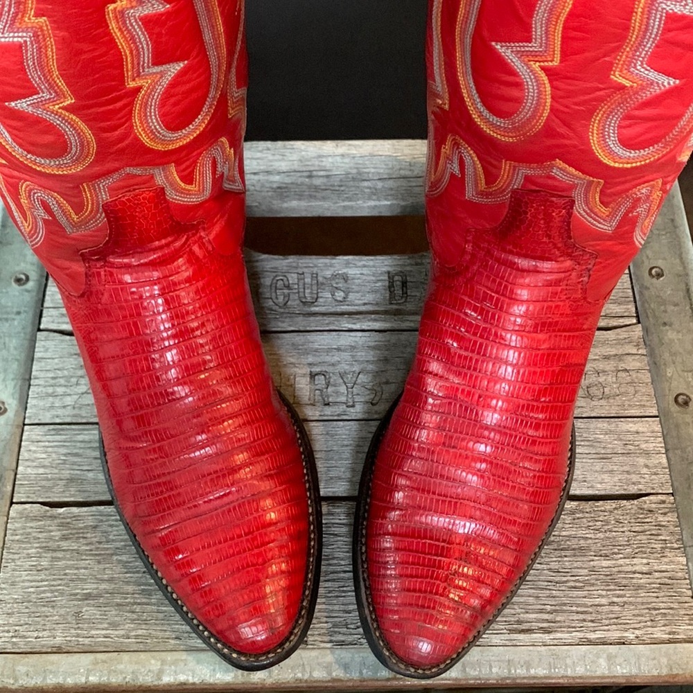 SOLD LARRY MAHAN Vintage Red Lizard Tall Knee High Cowgirl Cowboy Western Boots - Picture 4 of 11